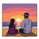 Father and daughter silhouetted on a beach watching a vibrant sunset over the ocean.