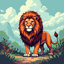 A majestic lion with a vibrant orange and brown mane stands regally in a stylized landscape of rolling hills and mountains under a cloudy sky.