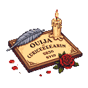 Ouija board with a lit candle, red rose, and quill pen, surrounded by droplets of blood on a dark surface.