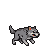A lean grey wolf with piercing red eyes is depicted mid-stride in a top-down pixelated view, its mouth slightly open and tail held high.