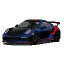A futuristic Porsche 911 Turbo S Hybrid in deep blue, black, and red pixel art, shown in side profile.