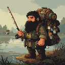Stout dwarf with a thick beard, holding a fishing rod by a calm lake, wearing a large, overstuffed backpack laden with trinkets.