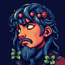 Portrait of a figure with flowing deep blue hair, a circlet of red berries, and a single rose. They have warm, earthy-toned skin with blush, a dark wavy beard, and a mustache. Light-colored eyes gaze to the side, and their lips have a subtle curl. Green clover-like adornments are woven into their hair and beard.