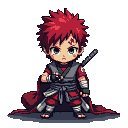 Chibi-style character with crimson hair, determined expression, and katana on back, standing against a black background.