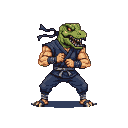 Ninja with a Tyrannosaurus Rex head, wearing a dark blue gi and white belt, in a fighting stance with glowing red eyes.