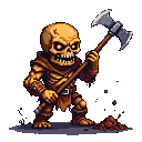 Skeletal warrior with glowing orange eyes and jagged teeth, holding a large double-headed axe aloft, standing over a pile of dirt.