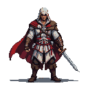 Ezio Auditore in white and red Assassin's robes, brown bracers, and a crimson cape, holding a sword at his side.