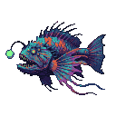 Menacing monster fish with glowing yellow eyes, sharp teeth, and a bioluminescent green lure. Its scales are mottled deep blues, teals, and oranges, with elaborate purple fins.