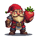 A dwarf with a red cap and white beard holds a giant strawberry.