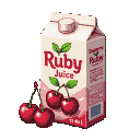 A carton of "Ruby Juice" with three cherries to its left.