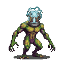 A muscular mutant with a green and yellow mottled body and a Tesla coil for a head crackling with blue electricity.
