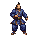 Stoic kung fu master in a blue gi with gold trim, brown belt with green emblem, and hair in a topknot, in a ready combat stance.
