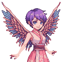 A pixel art pixie girl with short purple hair and blue eyes, wearing a pink dress and sash, with large pink and blue wings fanned out.