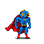 Heroic fish-headed figure in a blue suit with a red cape and boots, yellow belt, against a black background.