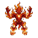 A muscular humanoid figure made of flickering red, orange, and yellow flames, with extended claws, glowing eyes, and a fiery crown.