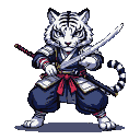 White tiger swordsman in a dynamic stance, wearing a dark blue samurai-inspired outfit with white armor accents and a red sash, gripping two gleaming katanas.
