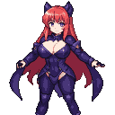 Anime-style succubus with voluminous crimson hair and large purple eyes, wearing a dark purple form-fitting suit with demonic horns.