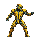 Yellow and grey robotic warrior with glowing green eyes, in a combat stance.