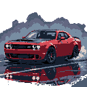 Red muscle car with black hood and accents, its reflection visible on a wet surface, with mist around the rear wheels against a dark, atmospheric background.