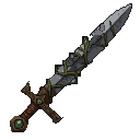 A broadsword with a dull grey blade, thorny vines, a worn brown leather-wrapped hilt, and a carved wooden pommel cradling a green crystal.