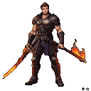 A powerful warrior in dark segmented armor wields a fiery katana in his left hand and a flaming axe in his right.