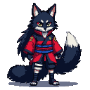 Anthropomorphic fox warrior with piercing yellow eyes and multiple bushy tails, wearing a red robe with blue sashes and dark ninja attire.