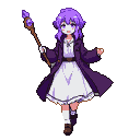 Young woman with purple hair and eyes, wearing a white dress and dark purple coat, holding a wooden wand with a shimmering purple gem.
