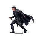 Hero thief in dark, textured attire and flowing cape, in a dynamic side-view pose, looking forward with a determined expression.