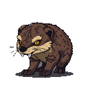 A Crag Weasel with brown and grey rocky texture, piercing yellow eyes, and bared teeth.