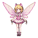 Anime pixie with translucent pink wings, blonde cat-ear hair, and a frilly pink dress, holding bell charms.