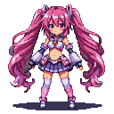 Anime-style character with voluminous pink twin tails, large expressive eyes, a short pleated skirt, cropped top, thigh-high socks, and arm warmers.
