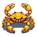 Golden crab with raised claws and determined expression.
