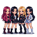 Four stylized figures in dark, edgy fashion, including leather jackets and boots, stand in a line. From left to right: magenta hair, long dark hair, long dark hair, and blonde hair in a light blue suit jacket over a pink top and shorts.