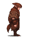 Tall, slender elf in a hooded, layered brown fur cloak, standing in profile with gaze directed downwards.