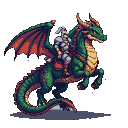 Knight in gleaming armor riding an emerald dragon with spread wings, mid-leap or flight.