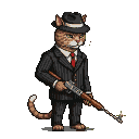 A cat in a pinstripe suit, red tie, and fedora, holding a rifle.