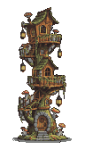 Whimsical pixie house with stacked wooden levels, winding staircases, glowing lanterns, and overgrown vines, nestled within lush foliage.