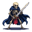 Skeleton warrior in a dark blue cape, holding a silver sword with a red and gold hilt defensively across its chest, with a tattered red cloth around its waist.