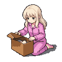 A young girl with blonde hair, wearing pink pajamas, kneels and opens a cardboard box with a look of gentle curiosity.