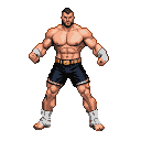 Muscular wrestler in dark shorts with a golden belt, white wrist and ankle wraps, in a ready stance.