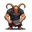 Hulking troll with outward-curving horns and a pig-like snout, gripping a blood-stained cleaver, with muscular tanned arms flexed and wearing a tattered dark shirt with red splotches.
