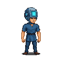 A person in a blue tunic and trousers wears a metallic helmet with a glowing cyan-blue screen.