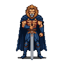 Warrior with a lion's head, wearing a blue cape and gauntlets, holding a sword at rest.