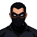 Stoic assassin with piercing grey eyes behind a dark mask, wearing a dark collared shirt.