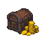 Weathered dark brown treasure chest with a pile of gleaming golden coins spilling out.