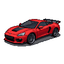 A vibrant red sports car with a sleek profile, prominent rear spoiler, and dark hood.