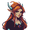 Elf with fiery auburn hair, pale blue horns, and turquoise ear accents, wearing a dark flowing garment with a jewel pendant.
