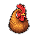 Stern chicken head with red comb and wattle, brown textured plumage, and an alert eye.