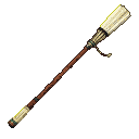 A traditional Japanese naginata with a brown wooden shaft, cream-colored segmented blade, and a small golden-beaded tassel.