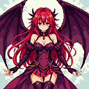 Female character with crimson hair, horns, and bat wings, wearing a dark red and black outfit, arms outstretched against a cloudy sky.